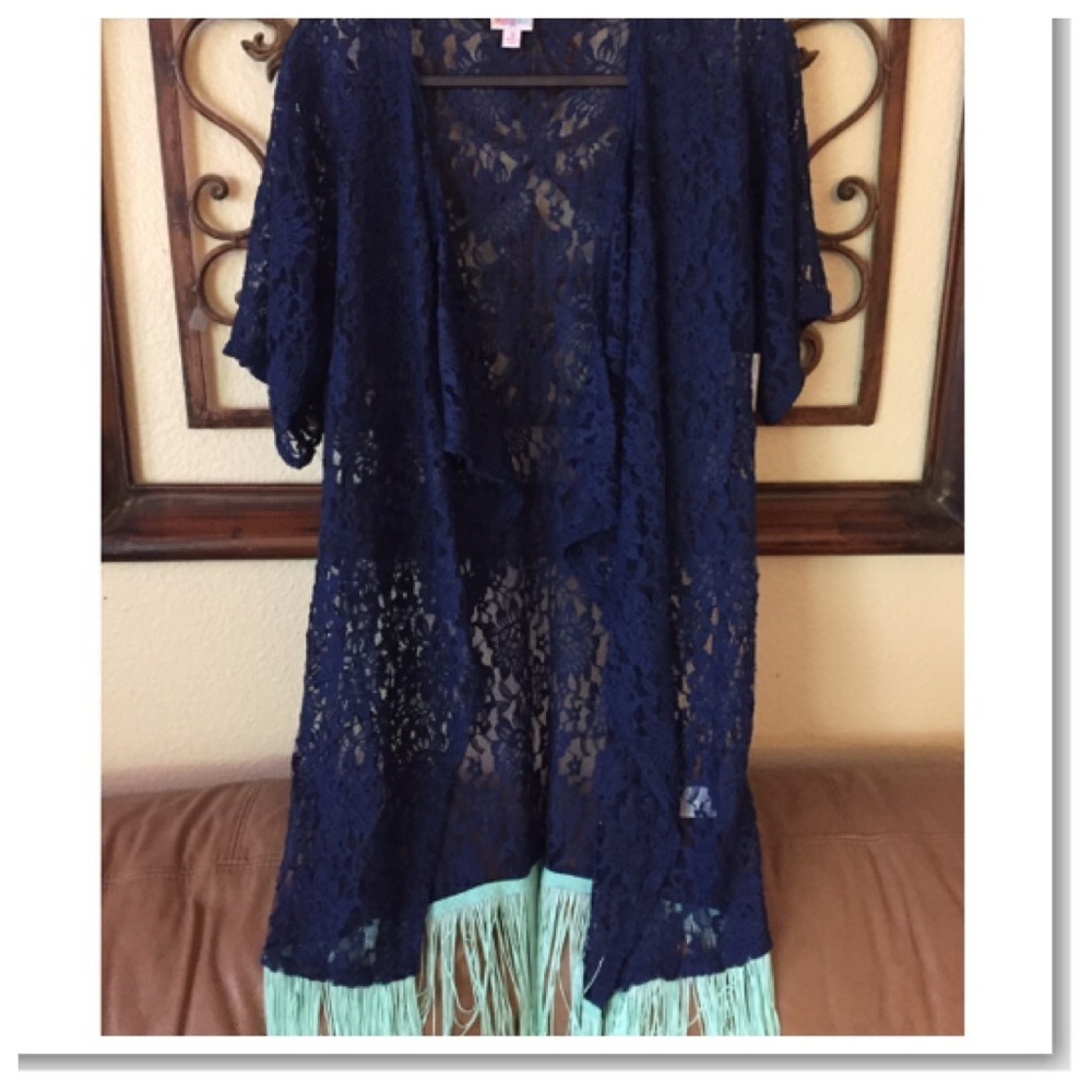 LULAROE Blue Fringe Kimono Lightweight Summer Casual Vacation Small BNWT - Picture 7 of 7